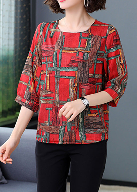 Vintage Red Print Cozy Silk Top Summer LY5194 - fabuloryshop
