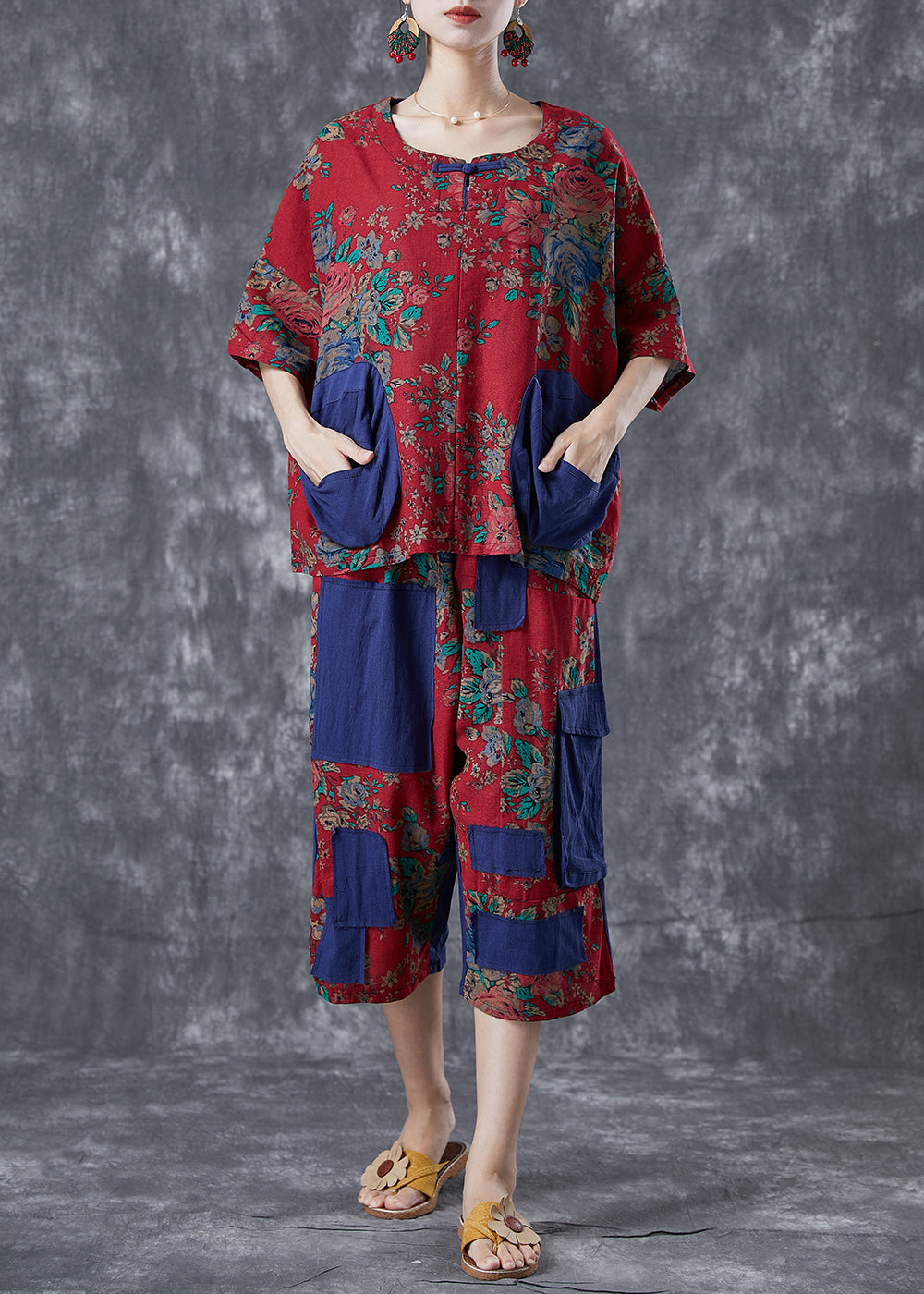 Vintage Red Print Patchwork Applique Pockets Cotton Two Pieces Set Summer LY5001 - fabuloryshop