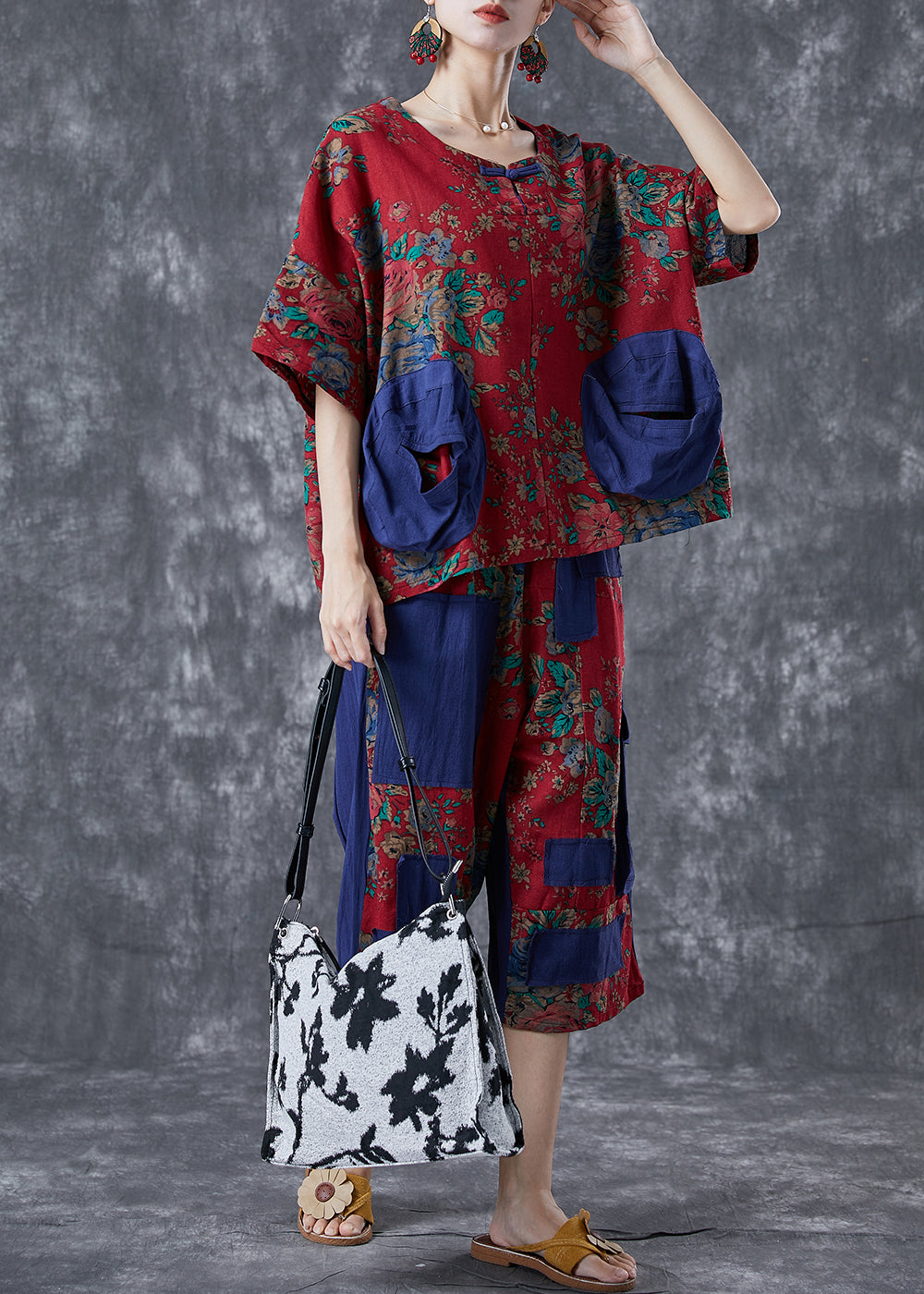 Vintage Red Print Patchwork Applique Pockets Cotton Two Pieces Set Summer LY5001 - fabuloryshop
