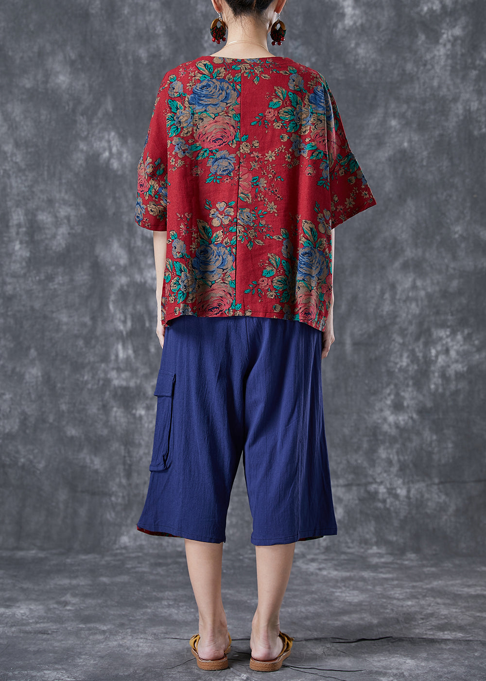 Vintage Red Print Patchwork Applique Pockets Cotton Two Pieces Set Summer LY5001 - fabuloryshop