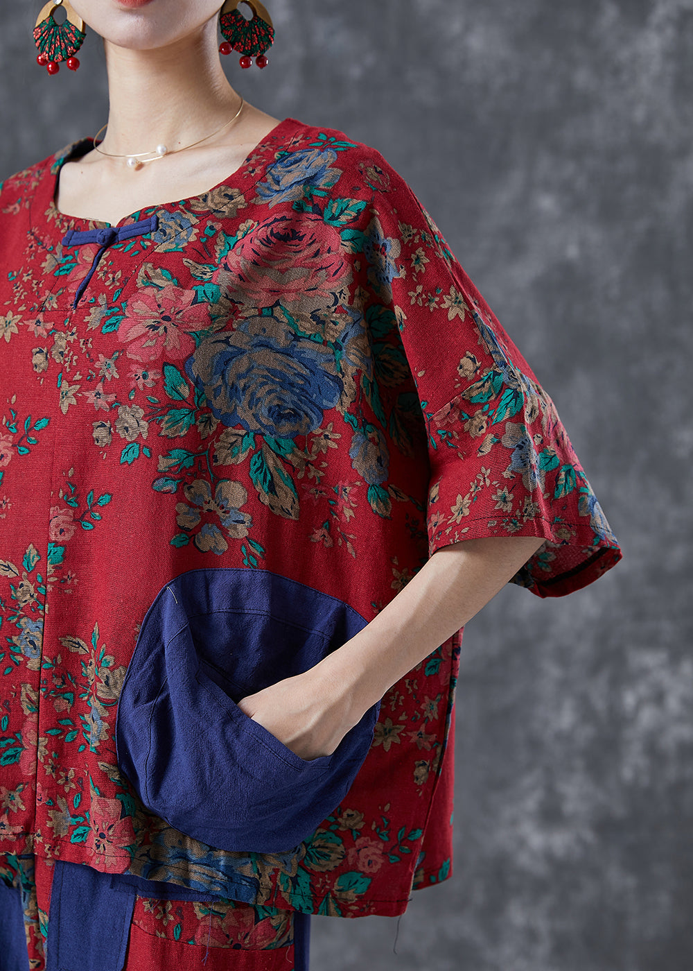 Vintage Red Print Patchwork Applique Pockets Cotton Two Pieces Set Summer LY5001 - fabuloryshop