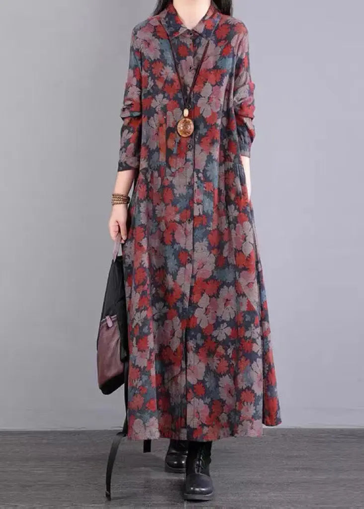 Vintage Red Print Peter Pan Collar Pockets Patchwork Cotton Dresses Fall Ada Fashion