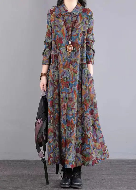 Vintage Red Print Peter Pan Collar Pockets Patchwork Cotton Dresses Fall Ada Fashion