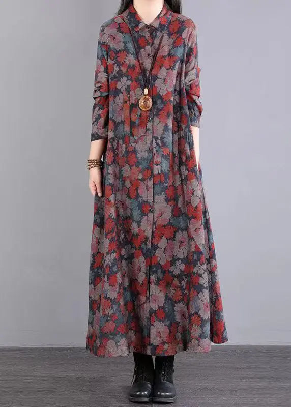 Vintage Red Print Peter Pan Collar Pockets Patchwork Cotton Dresses Fall Ada Fashion