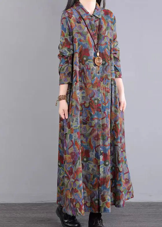 Vintage Red Print Peter Pan Collar Pockets Patchwork Cotton Dresses Fall Ada Fashion
