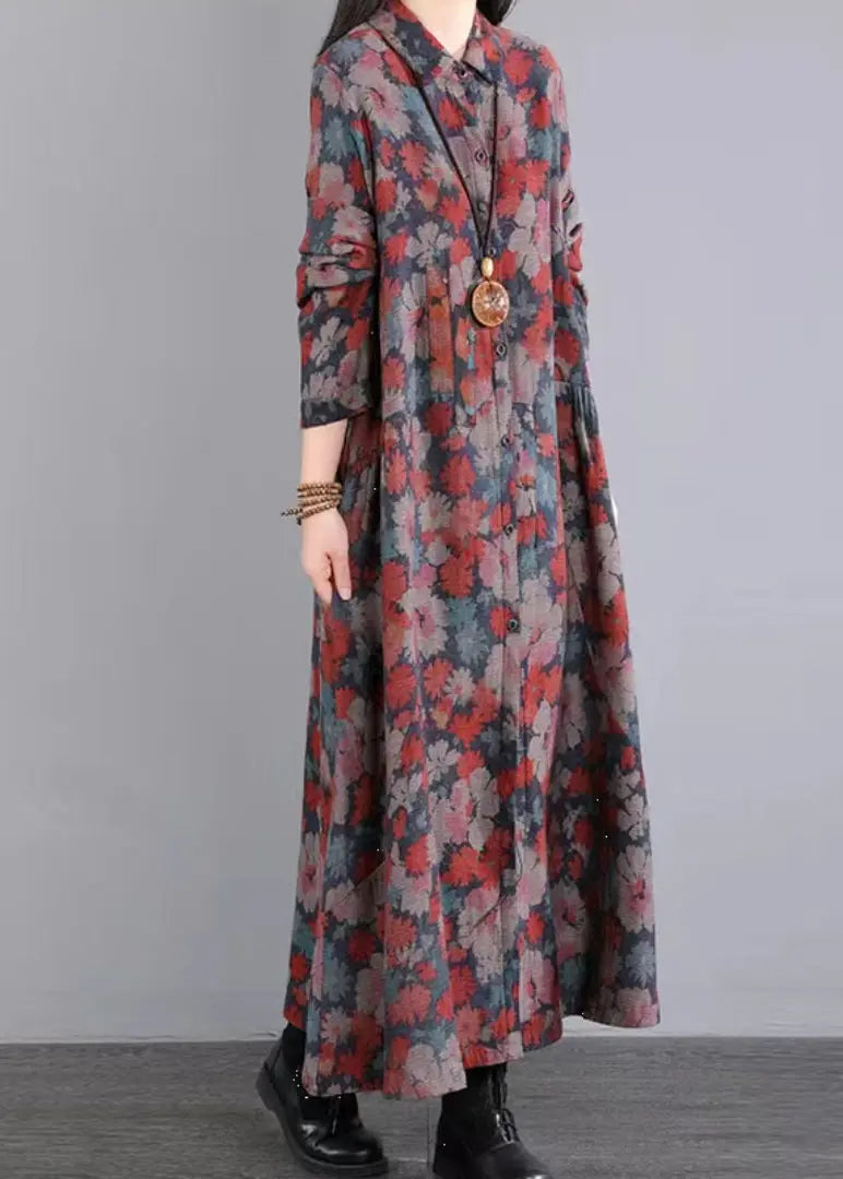 Vintage Red Print Peter Pan Collar Pockets Patchwork Cotton Dresses Fall Ada Fashion