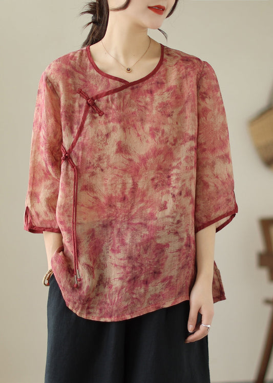 Vintage Red Print Tassel Linen Shirt Top Bracelet Sleeve Ada Fashion