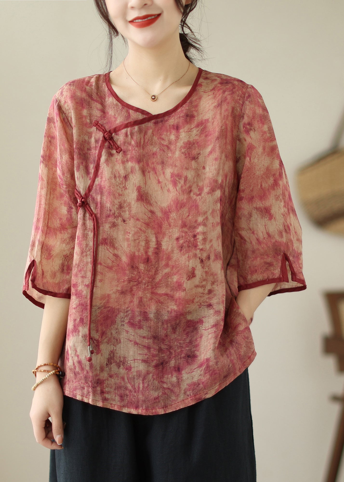 Vintage Red Print Tassel Linen Shirt Top Bracelet Sleeve Ada Fashion