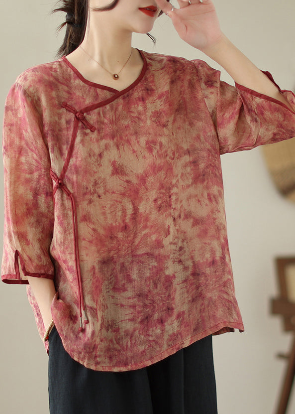 Vintage Red Print Tassel Linen Shirt Top Bracelet Sleeve Ada Fashion