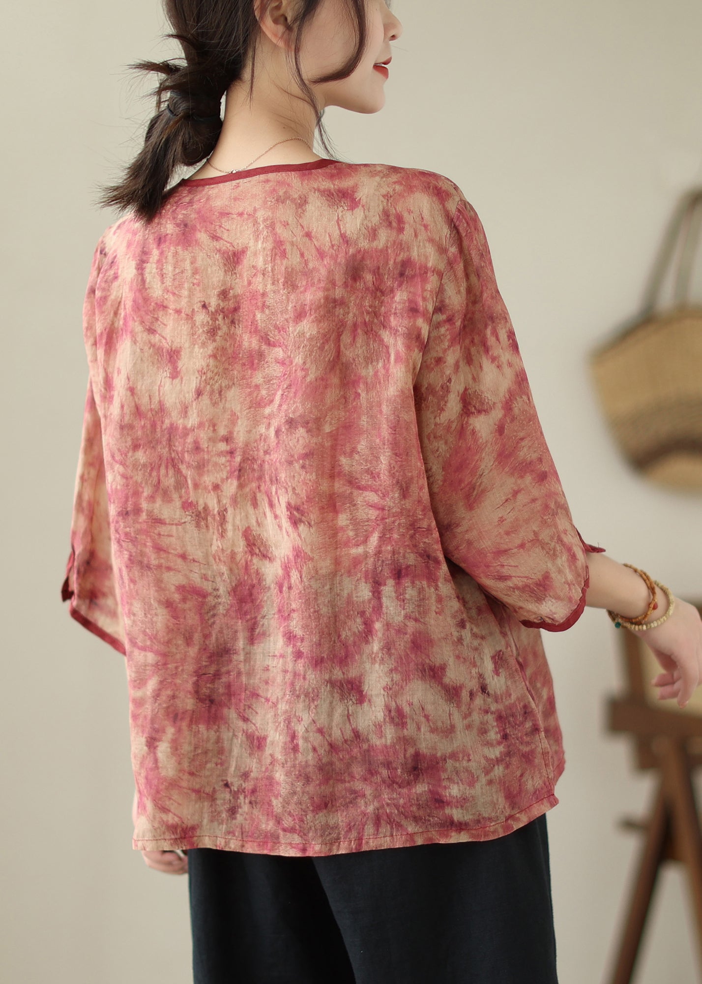 Vintage Red Print Tassel Linen Shirt Top Bracelet Sleeve Ada Fashion