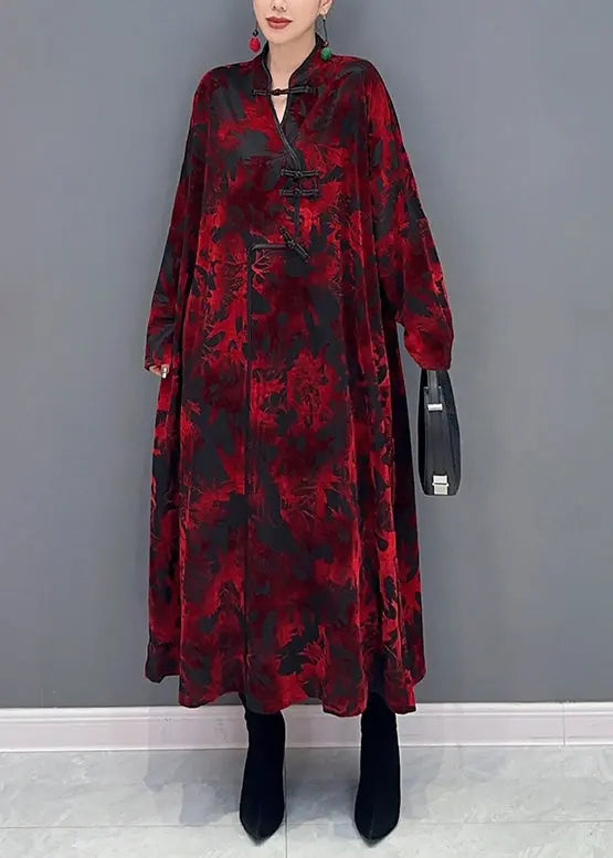 Vintage Red Stand Collar Print Patchwork Loose Velour Dresses Fall Ada Fashion