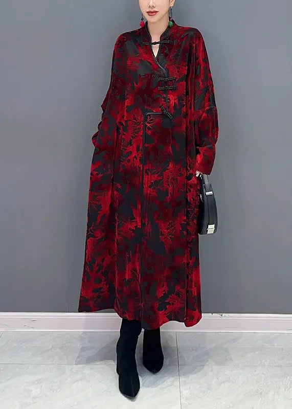 Vintage Red Stand Collar Print Patchwork Loose Velour Dresses Fall Ada Fashion
