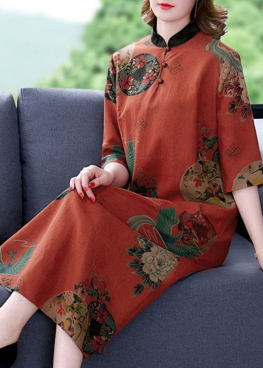 Vintage Red Stand Collar Print Silk A Line Dress Half Sleeve LY1666 - fabuloryshop