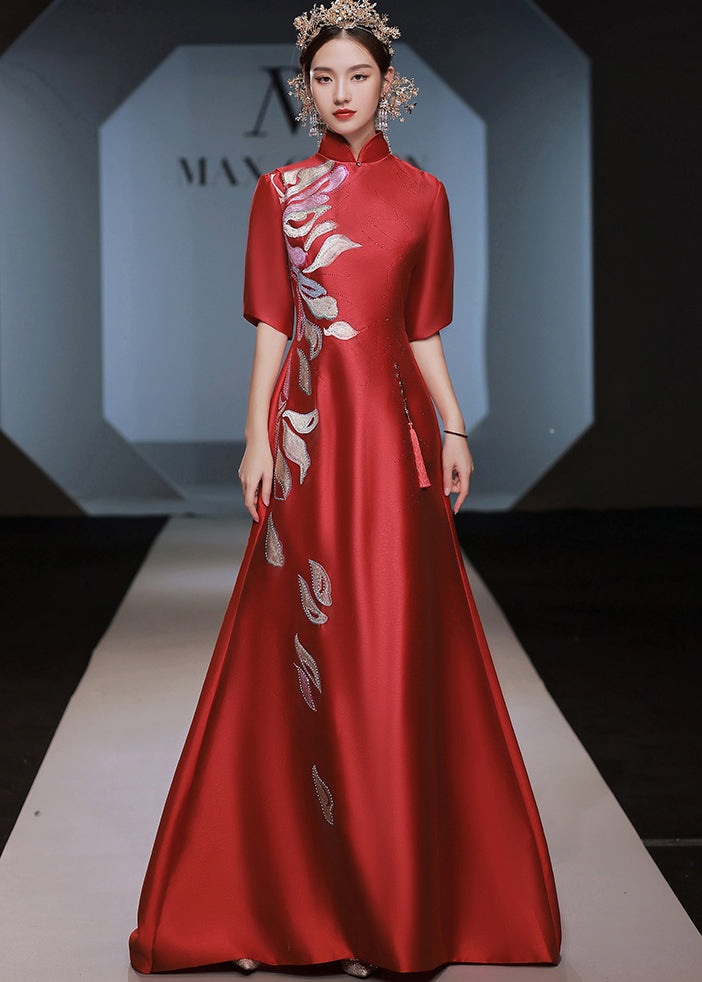Vintage Red Stand Collar Zircon Embroideried Silk Dress Half Sleeve Ada Fashion