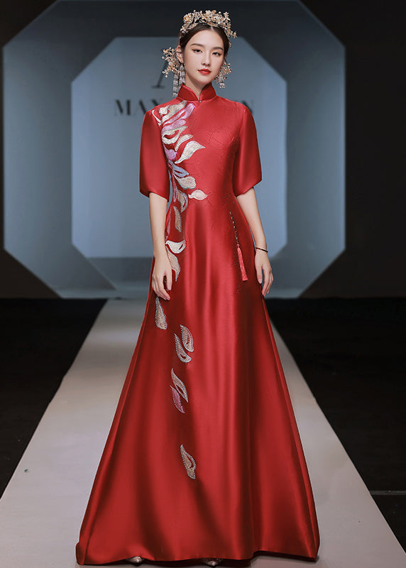 Vintage Red Stand Collar Zircon Embroideried Silk Dress Half Sleeve Ada Fashion