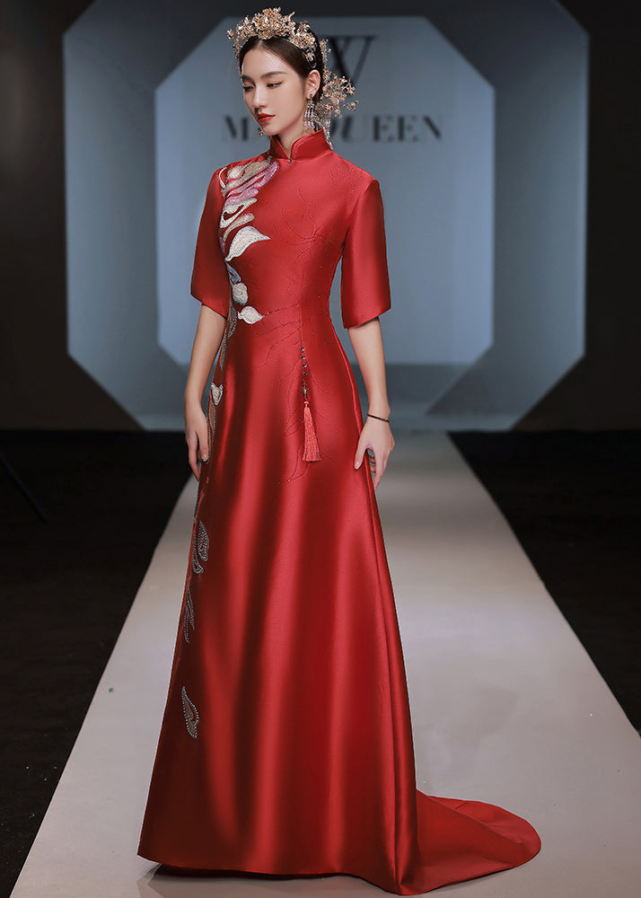 Vintage Red Stand Collar Zircon Embroideried Silk Dress Half Sleeve Ada Fashion