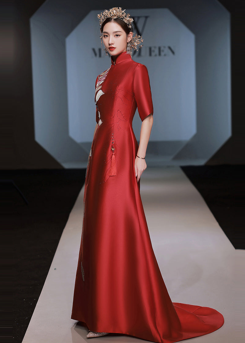 Vintage Red Stand Collar Zircon Embroideried Silk Dress Half Sleeve Ada Fashion