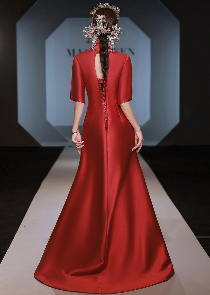 Vintage Red Stand Collar Zircon Embroideried Silk Dress Half Sleeve Ada Fashion