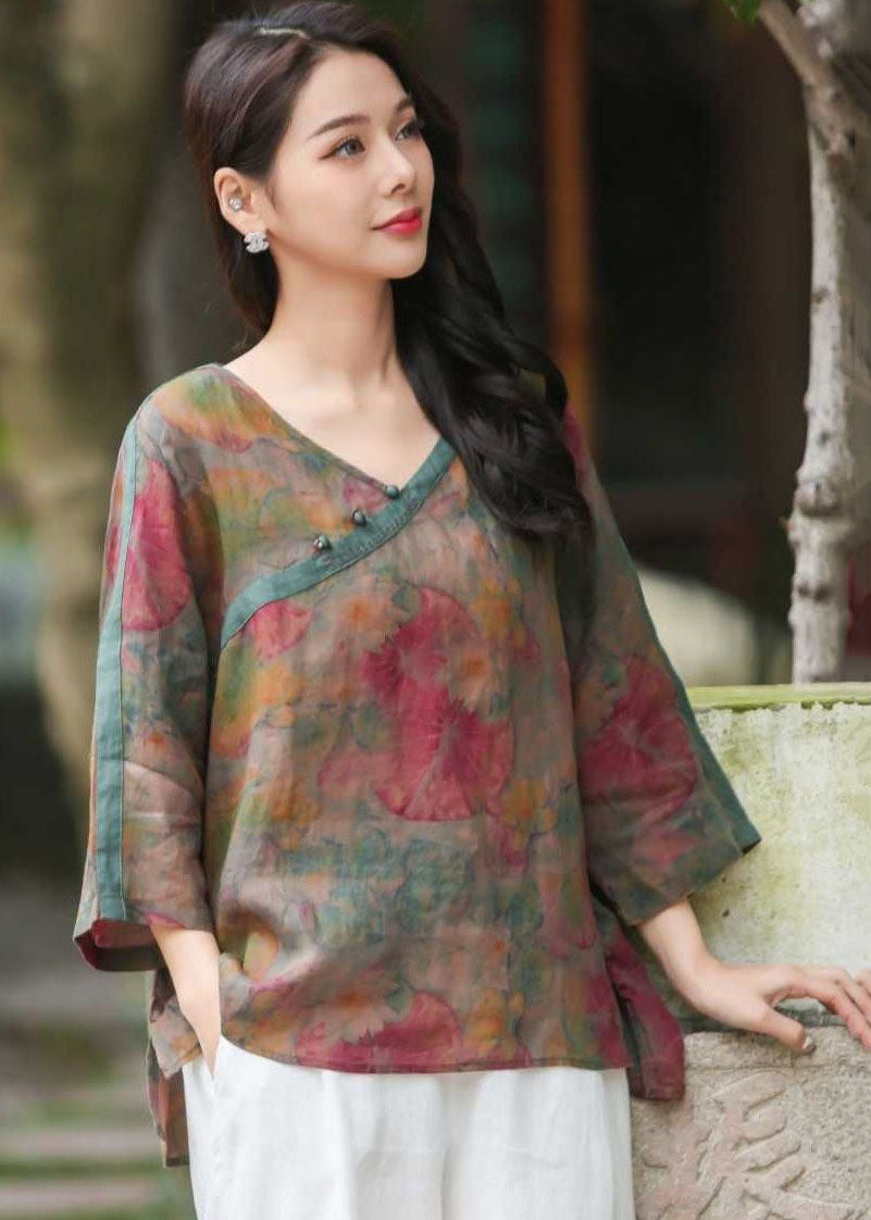 Vintage Red V Neck Print Button Patchwork Linen Shirts Top Spring LY2506 - fabuloryshop