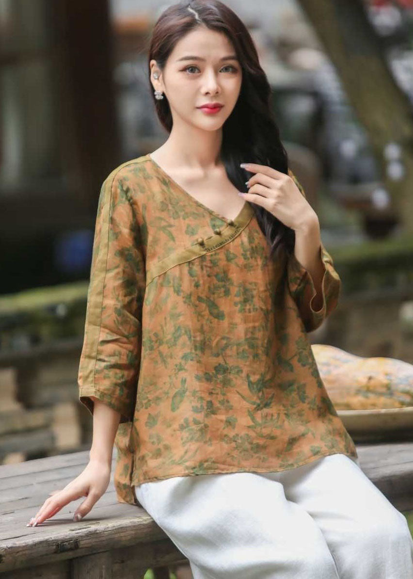 Vintage Red V Neck Print Button Patchwork Linen Shirts Top Spring LY2506 - fabuloryshop