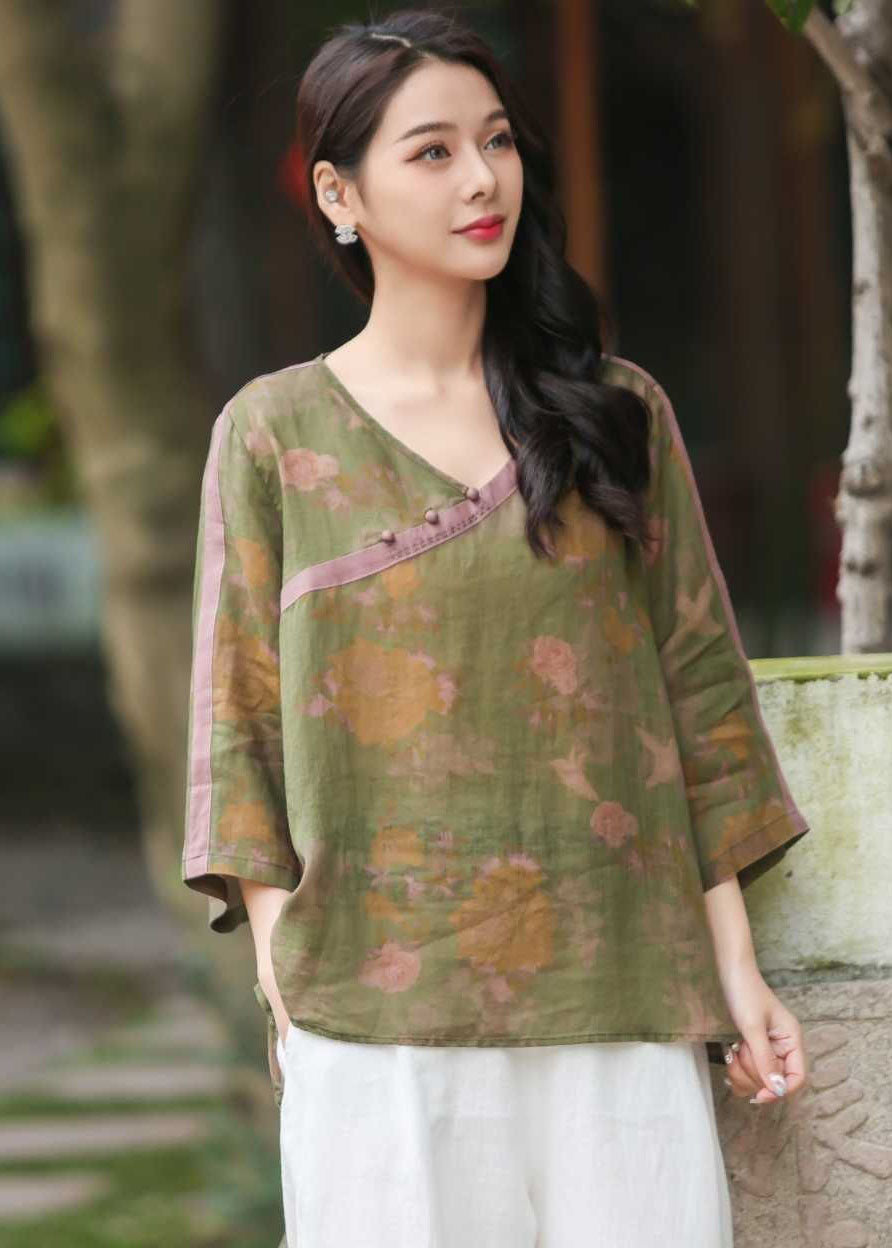 Vintage Red V Neck Print Button Patchwork Linen Shirts Top Spring LY2506 - fabuloryshop