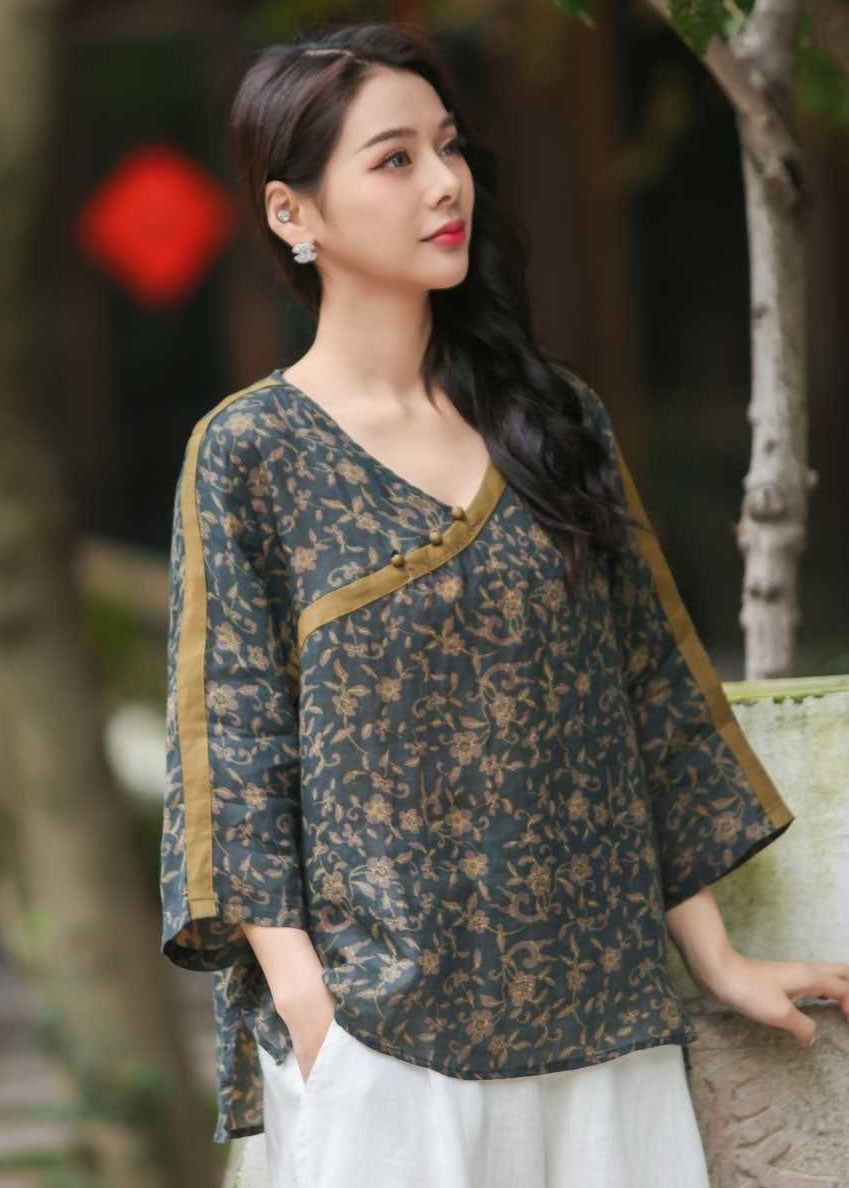 Vintage Red V Neck Print Button Patchwork Linen Shirts Top Spring LY2506 - fabuloryshop