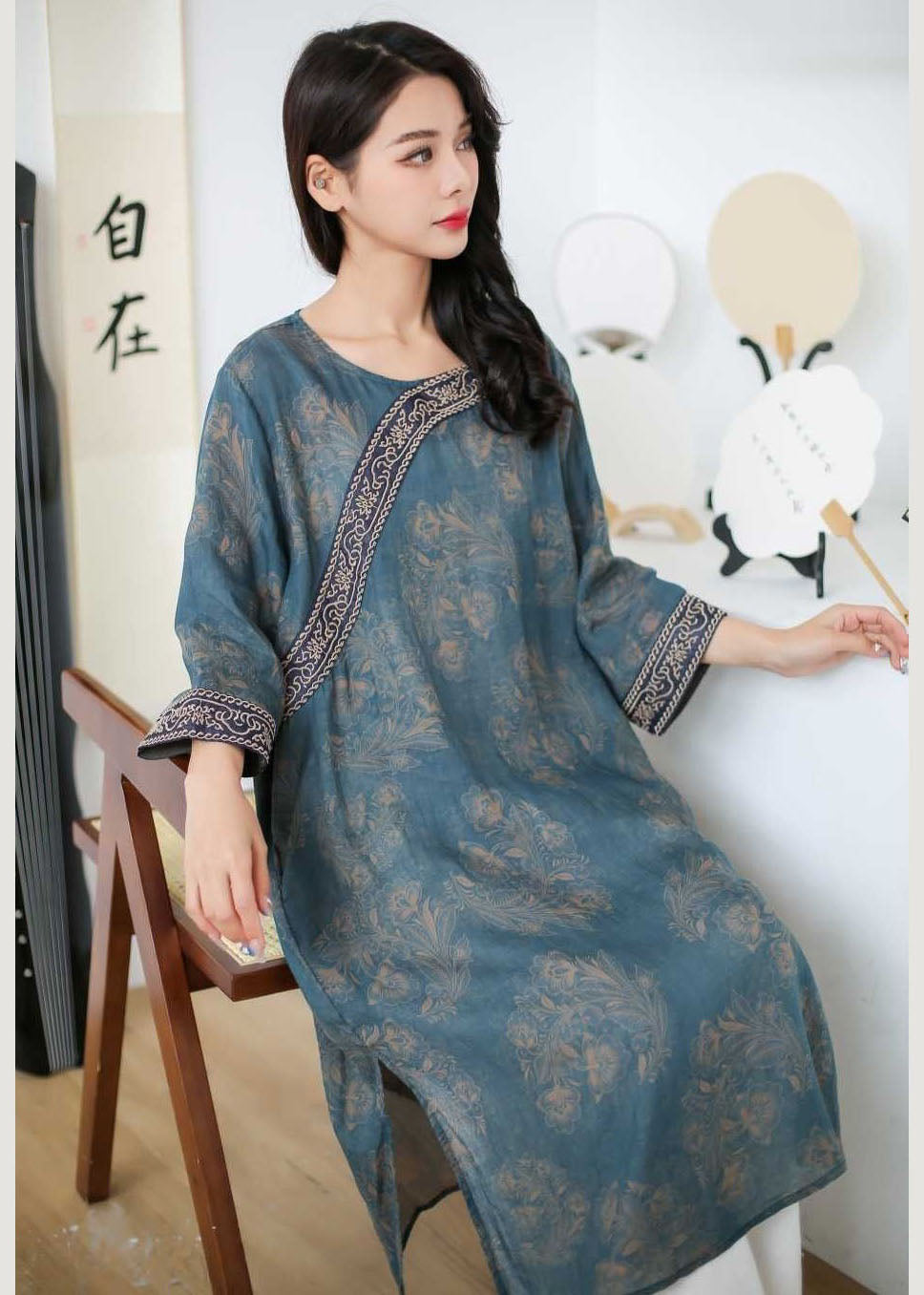 Vintage Rose Embroideried Print Patchwork Linen Mid Dress Spring LY2559 - fabuloryshop