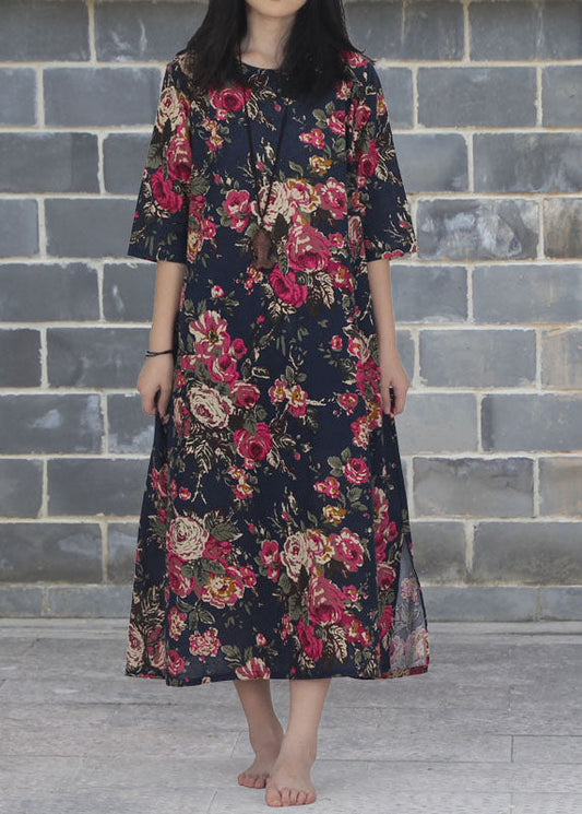 Vintage Rose O Neck Print Patchwork Cotton Dresses Summer LY2575 - fabuloryshop
