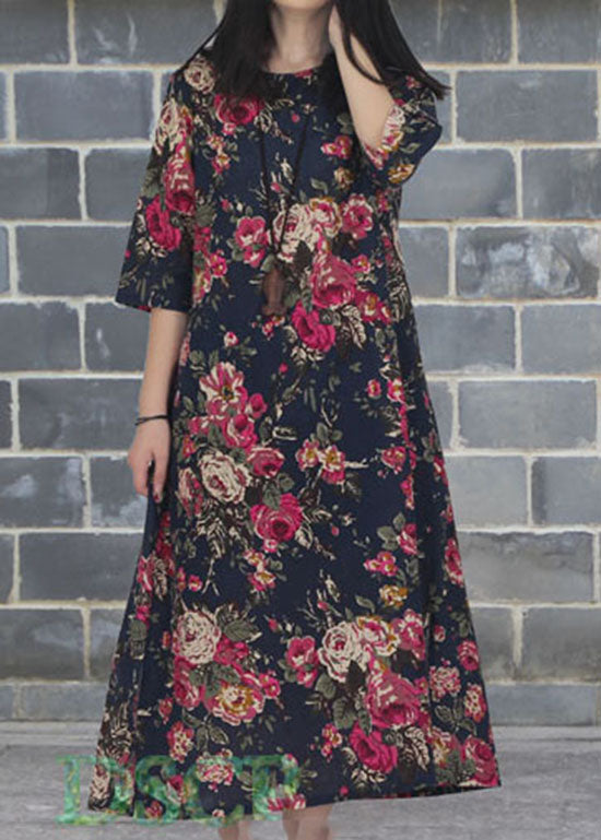 Vintage Rose O Neck Print Patchwork Cotton Dresses Summer LY2575 - fabuloryshop