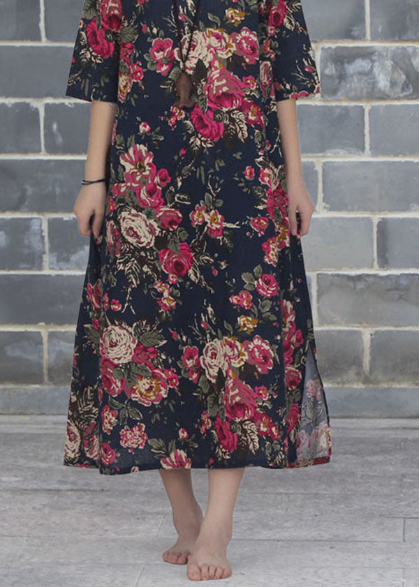 Vintage Rose O Neck Print Patchwork Cotton Dresses Summer LY2575 - fabuloryshop