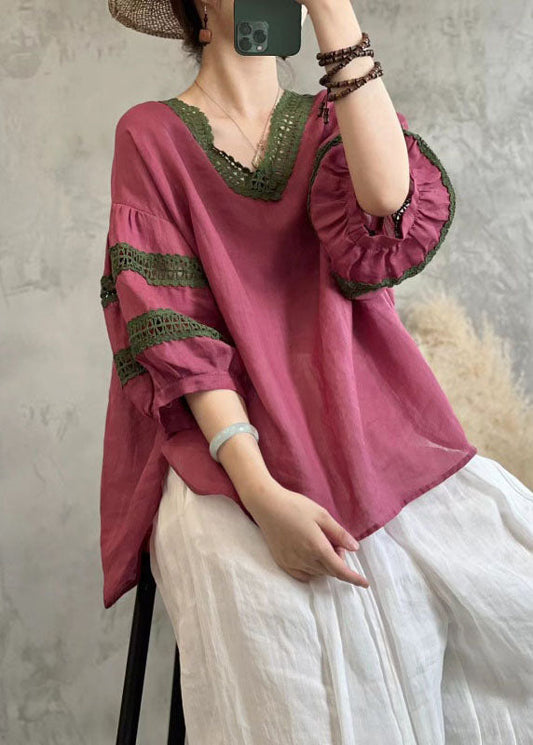 Vintage Rose V Neck Hollow Out Lace Patchwork Linen Tops Lantern Sleeve TQ1047 - fabuloryshop