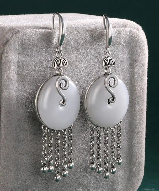 Vintage Silk Sterling Silver Inlaid Jade Tassel Drop Earrings Ada Fashion