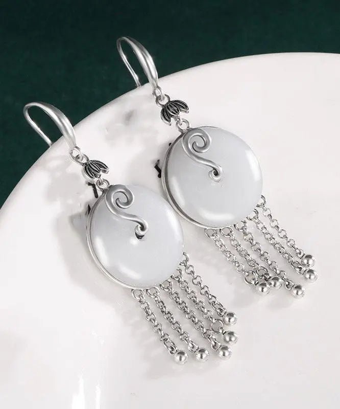 Vintage Silk Sterling Silver Inlaid Jade Tassel Drop Earrings Ada Fashion