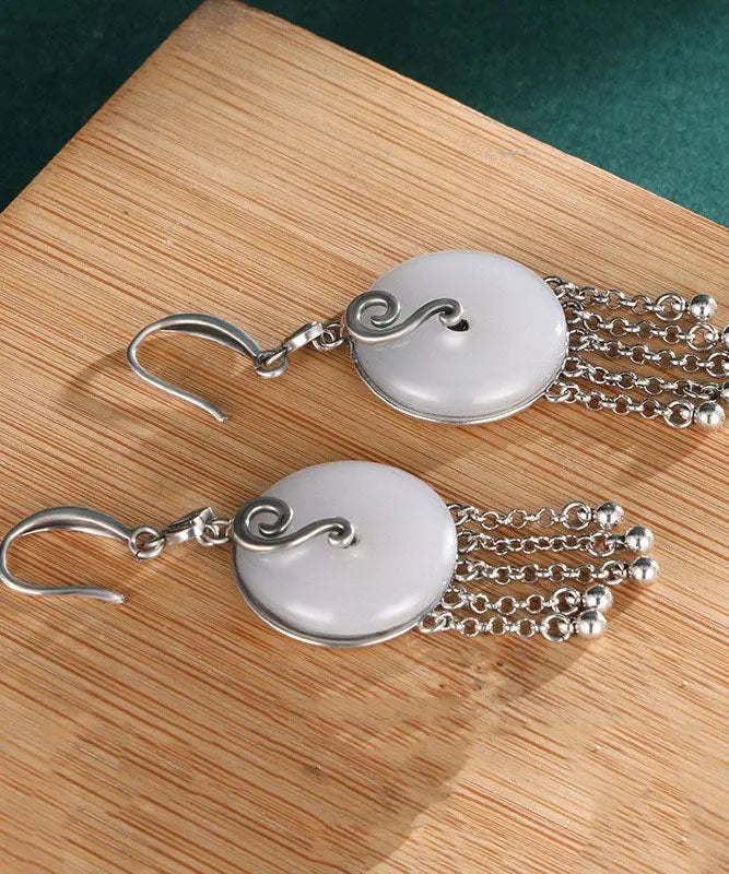Vintage Silk Sterling Silver Inlaid Jade Tassel Drop Earrings Ada Fashion