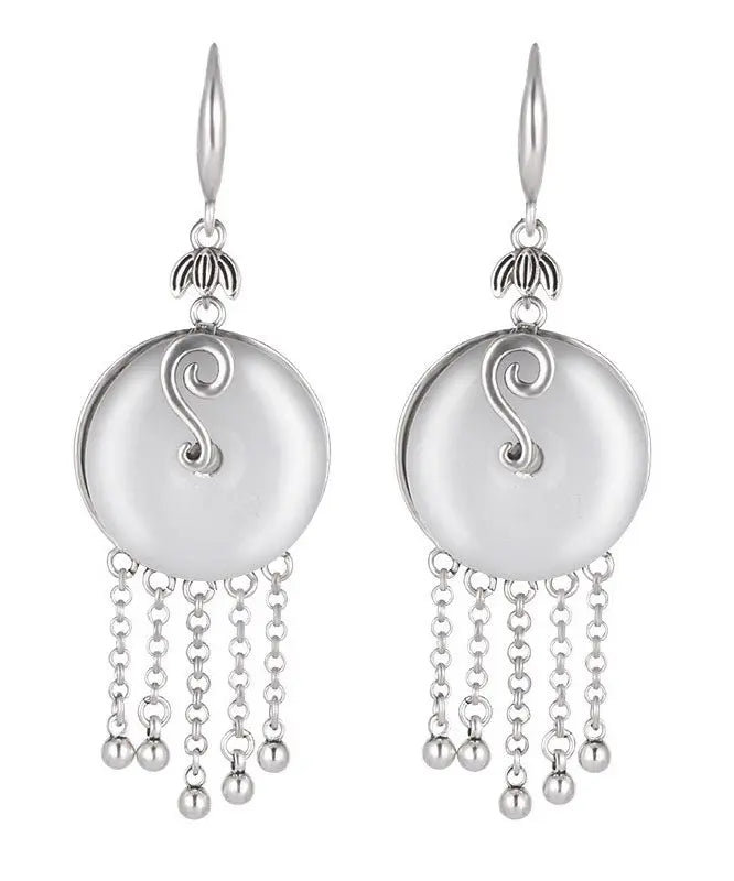 Vintage Silk Sterling Silver Inlaid Jade Tassel Drop Earrings Ada Fashion