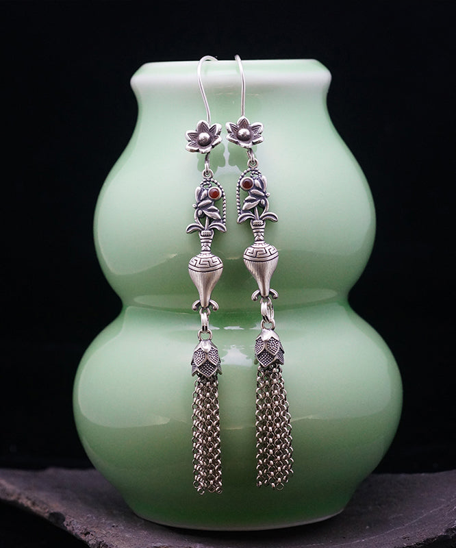 Vintage Silk Sterling Silver Tassel Floral Wheat Ear Drop Earrings LY2257 - fabuloryshop
