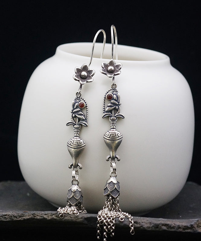 Vintage Silk Sterling Silver Tassel Floral Wheat Ear Drop Earrings LY2257 - fabuloryshop