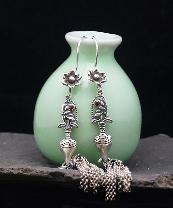 Vintage Silk Sterling Silver Tassel Floral Wheat Ear Drop Earrings LY2257 - fabuloryshop