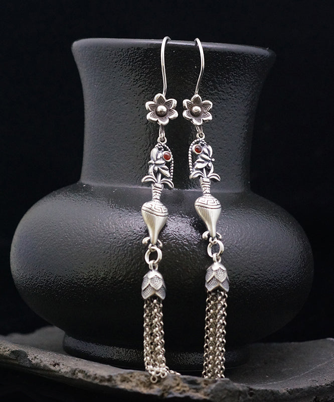 Vintage Silk Sterling Silver Tassel Floral Wheat Ear Drop Earrings LY2257 - fabuloryshop
