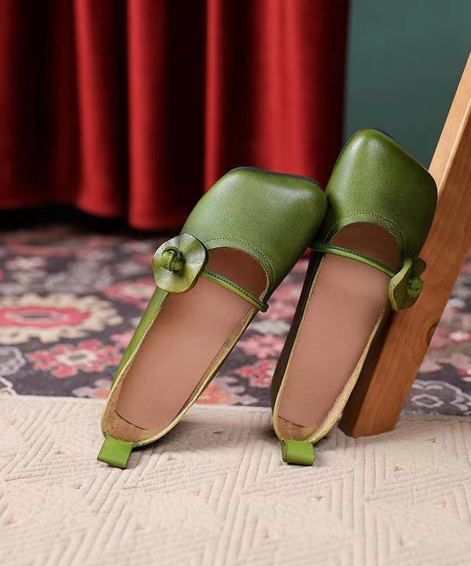 Vintage Square Toe Handmade Green Floral Soft Flat Shoes Ada Fashion