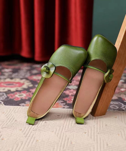 Vintage Square Toe Handmade Green Floral Soft Flat Shoes Ada Fashion