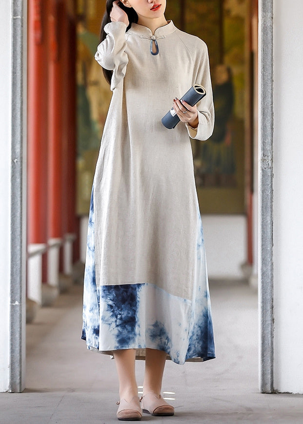 Vintage Tie Dye Stand Collar Pockets Cotton Long Dresses Fall Ada Fashion