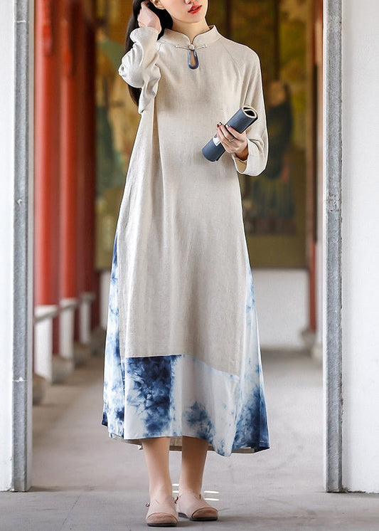Vintage Tie Dye Stand Collar Pockets Cotton Long Dresses Fall Ada Fashion