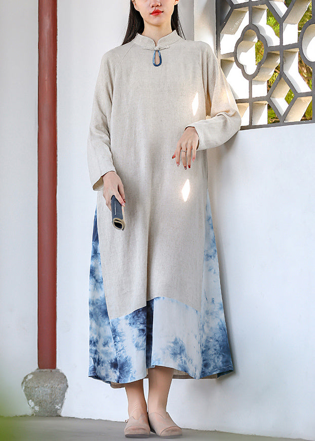 Vintage Tie Dye Stand Collar Pockets Cotton Long Dresses Fall Ada Fashion