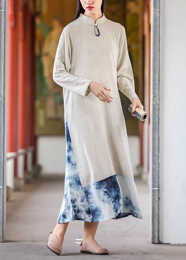 Vintage Tie Dye Stand Collar Pockets Cotton Long Dresses Fall Ada Fashion