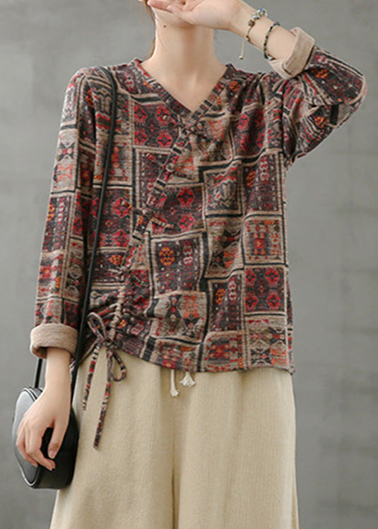 Vintage V Neck Print Drawstring Top Spring LY5066 - fabuloryshop