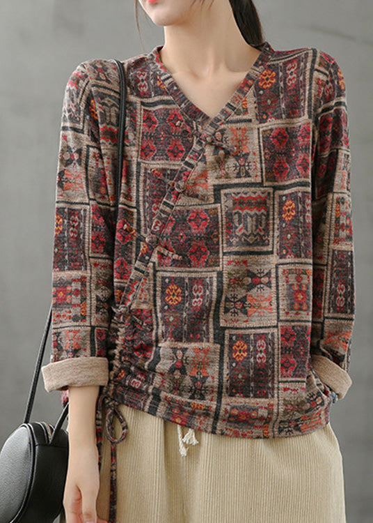 Vintage V Neck Print Drawstring Top Spring LY5066 - fabuloryshop
