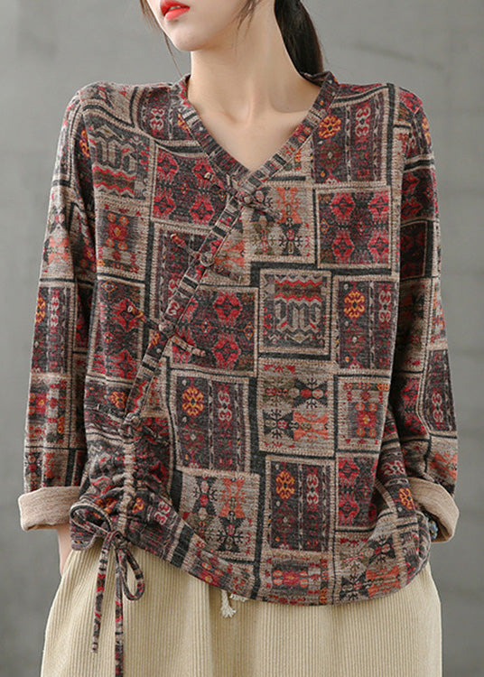 Vintage V Neck Print Drawstring Top Spring LY5066 - fabuloryshop