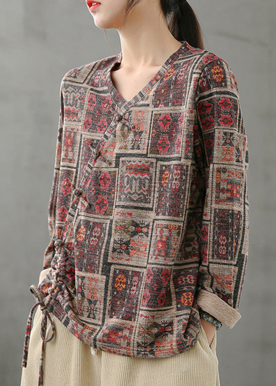 Vintage V Neck Print Drawstring Top Spring LY5066 - fabuloryshop