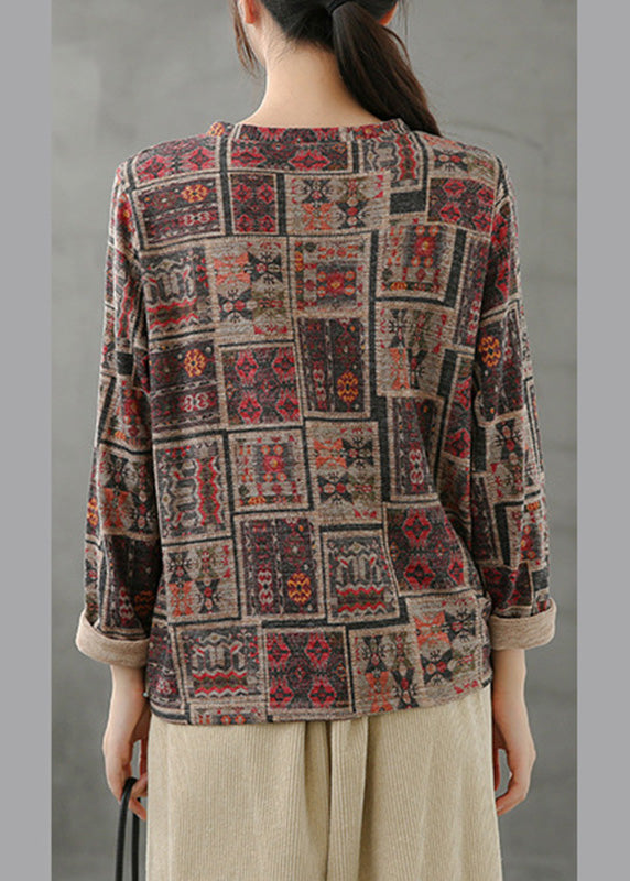 Vintage V Neck Print Drawstring Top Spring LY5066 - fabuloryshop